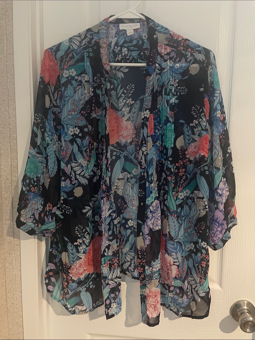 Charlotte Russe Black Floral Sheer Kimono with Multicolor Blooms